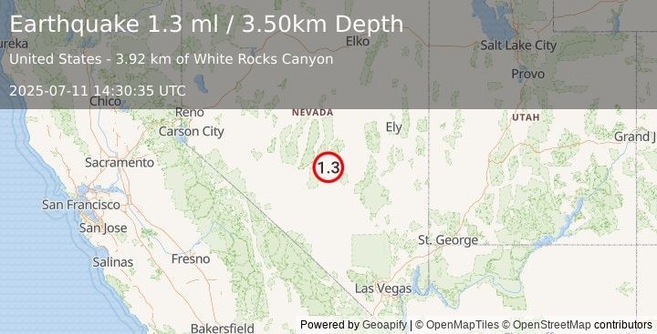 Earthquake 81 km NE of Tonopah, Nevada (1.3 ml) (2025-07-11 14:30:35 UTC)