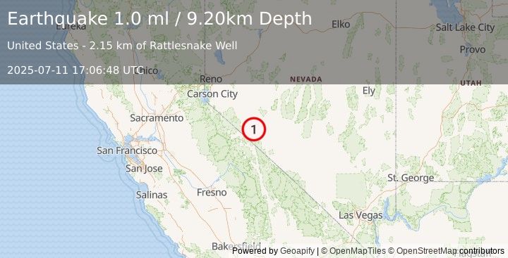 Earthquake 28 km SSE of Hawthorne, Nevada (1.0 ml) (2025-07-11 17:06:48 UTC)