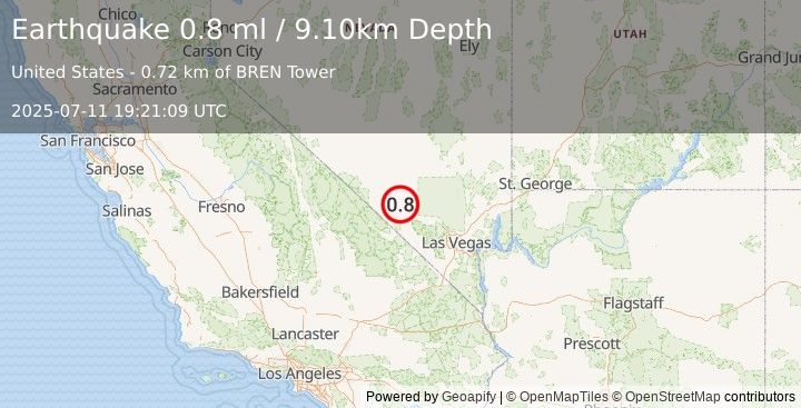 Earthquake 47 km ESE of Beatty, Nevada (0.8 ml) (2025-07-11 19:21:09 UTC)
