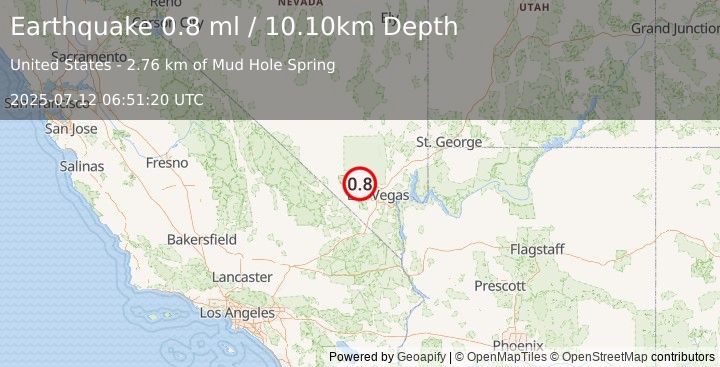 Earthquake 14 km NE of Mount Charleston, Nevada (0.8 ml) (2025-07-12 06:51:20 UTC)