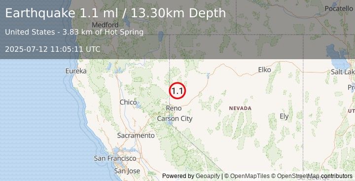 Earthquake 19 km N of Sutcliffe, Nevada (1.1 ml) (2025-07-12 11:05:11 UTC)