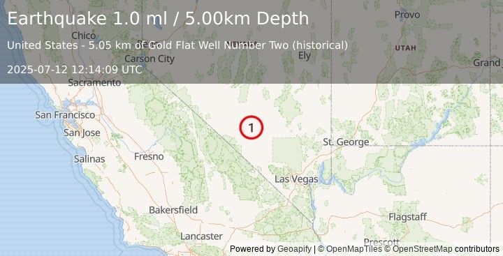 Earthquake 62 km NNE of Beatty, Nevada (1.0 ml) (2025-07-12 12:14:09 UTC)