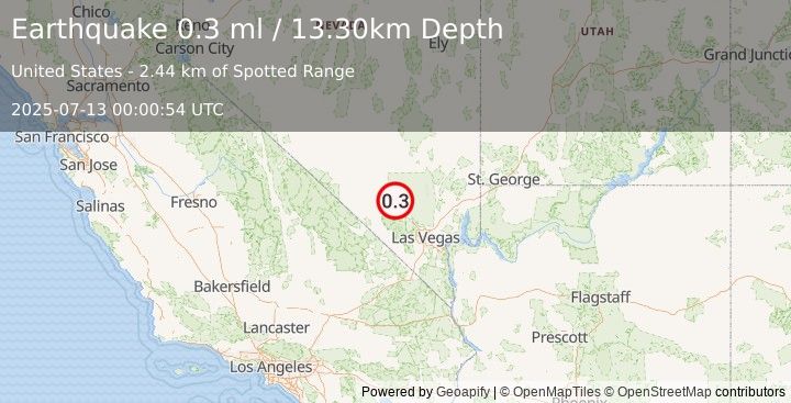 Earthquake 20 km NNW of Indian Springs, Nevada (0.3 ml) (2025-07-13 00:00:54 UTC)