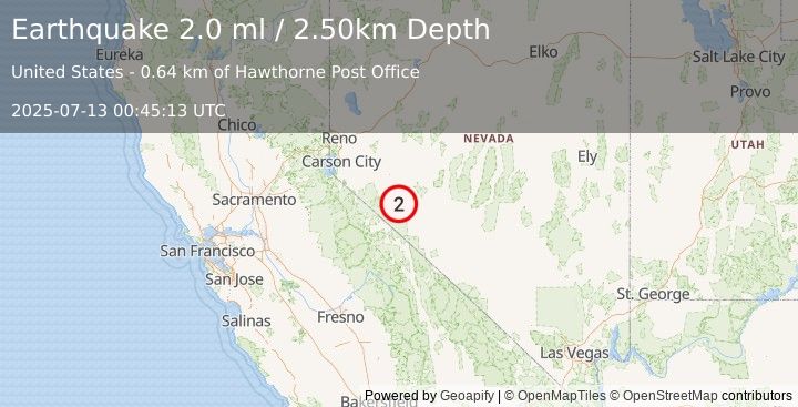 Earthquake 1 km S of Hawthorne, Nevada (2.0 ml) (2025-07-13 00:45:13 UTC)