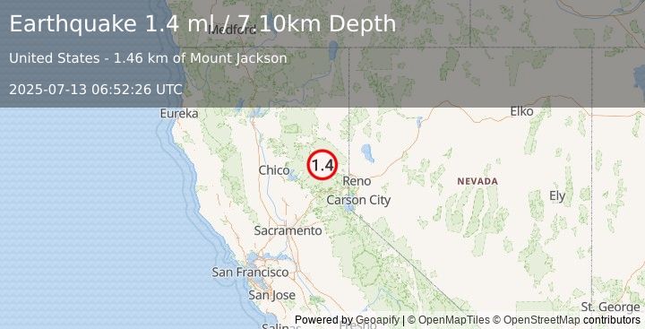 Earthquake 4 km N of Plumas Eureka, California (1.4 ml) (2025-07-13 06:52:26 UTC)