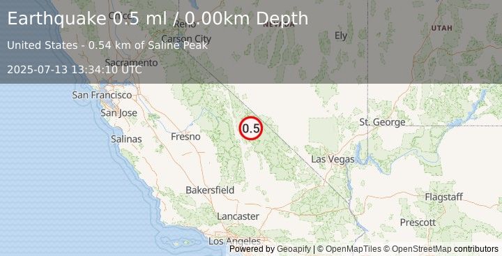 Earthquake 45 km ENE of Independence, California (0.5 ml) (2025-07-13 13:34:10 UTC)