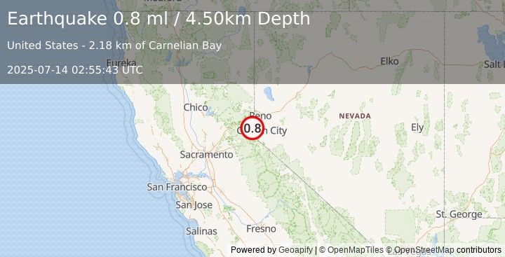 Earthquake 2 km SE of Carnelian Bay, California (0.8 ml) (2025-07-14 02:55:43 UTC)