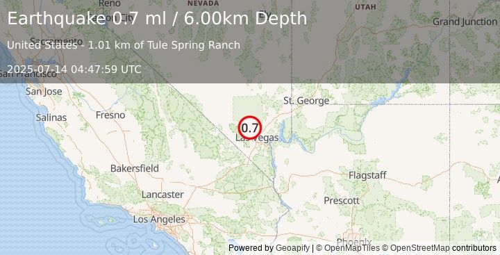 Earthquake 30 km NE of Mount Charleston, Nevada (0.7 ml) (2025-07-14 04:47:59 UTC)