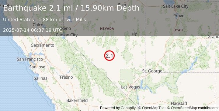 Earthquake 50 km E of Tonopah, Nevada (2.1 ml) (2025-07-14 06:37:19 UTC)