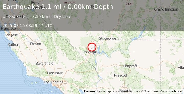 Earthquake 30 km NNE of Nellis Air Force Base, Nevada (1.1 ml) (2025-07-15 08:59:47 UTC)