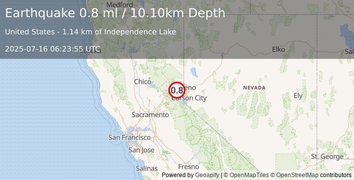 Earthquake 13 km NNE of Soda Springs, California (0.8 ml) (2025-07-16 06:23:55 UTC)