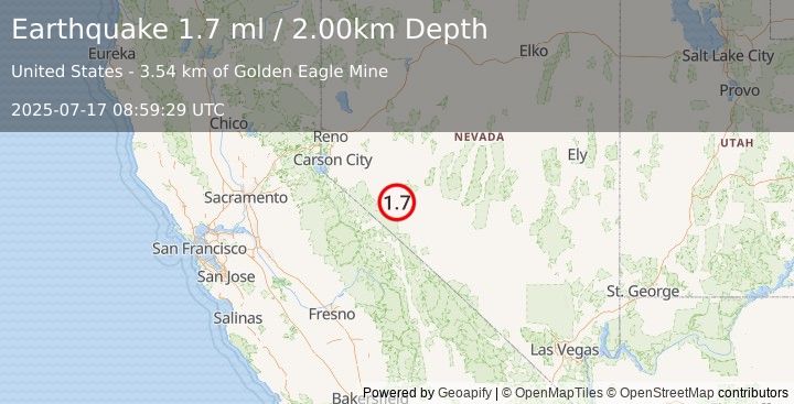 Earthquake 12 km ESE of Hawthorne, Nevada (1.7 ml) (2025-07-17 08:59:29 UTC)