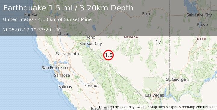 Earthquake 11 km ESE of Hawthorne, Nevada (1.5 ml) (2025-07-17 10:33:20 UTC)