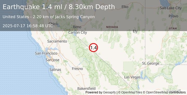Earthquake 37 km SW of Mina, Nevada (1.4 ml) (2025-07-17 16:58:48 UTC)