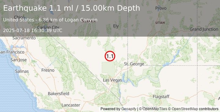 Earthquake 10 km SW of Hiko, Nevada (1.1 ml) (2025-07-18 16:30:39 UTC)