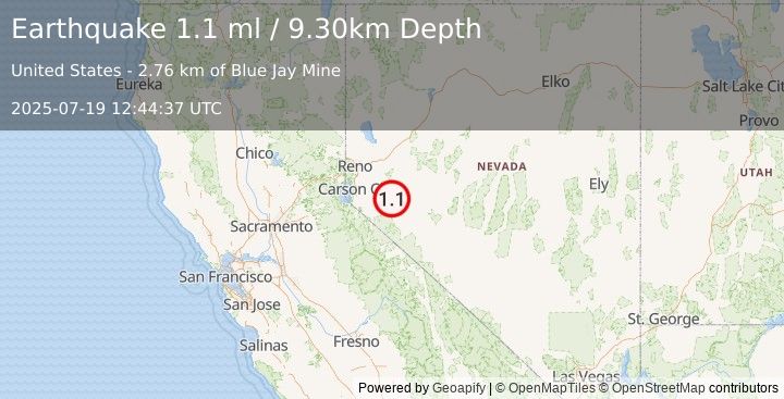 Earthquake 8 km E of Yerington, Nevada (1.1 ml) (2025-07-19 12:44:37 UTC)