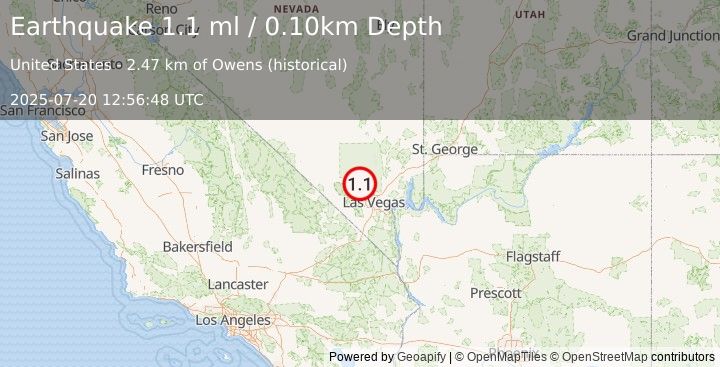 Earthquake 21 km ESE of Indian Springs, Nevada (1.1 ml) (2025-07-20 12:56:48 UTC)