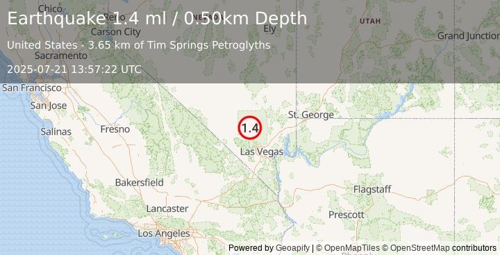 Earthquake 26 km NNE of Indian Springs, Nevada (1.4 ml) (2025-07-21 13:57:22 UTC)