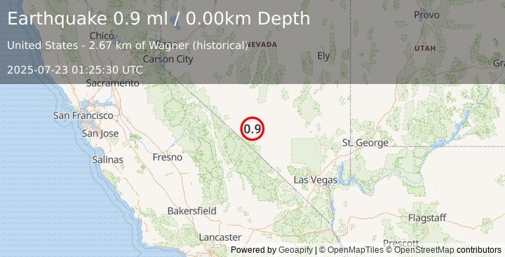 Earthquake 30 km SSE of Goldfield, Nevada (0.9 ml) (2025-07-23 01:25:30 UTC)