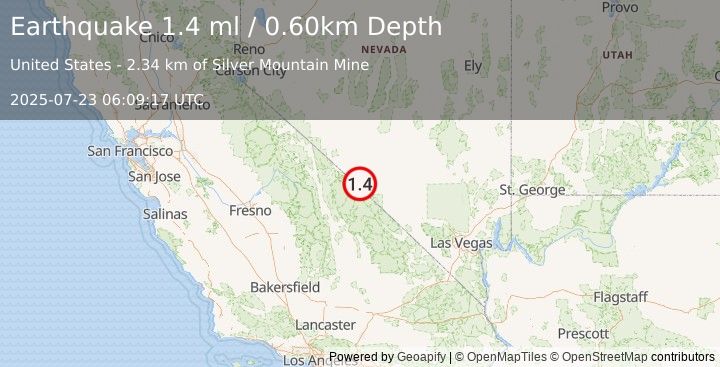 Earthquake 57 km SSW of Goldfield, Nevada (1.4 ml) (2025-07-23 06:09:17 UTC)