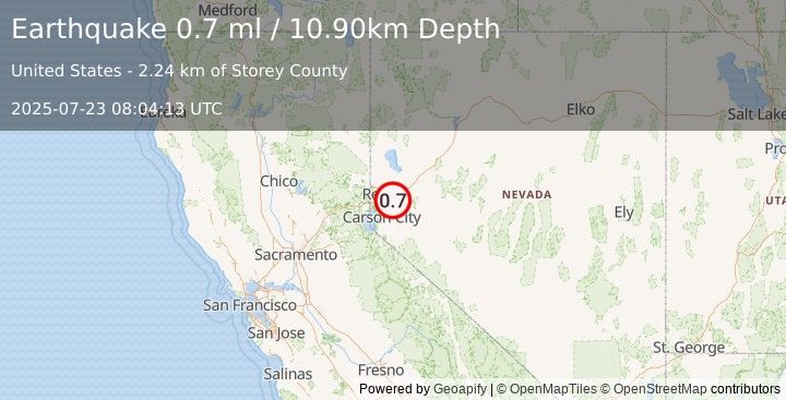 Earthquake 15 km WNW of Stagecoach, Nevada (0.7 ml) (2025-07-23 08:04:13 UTC)