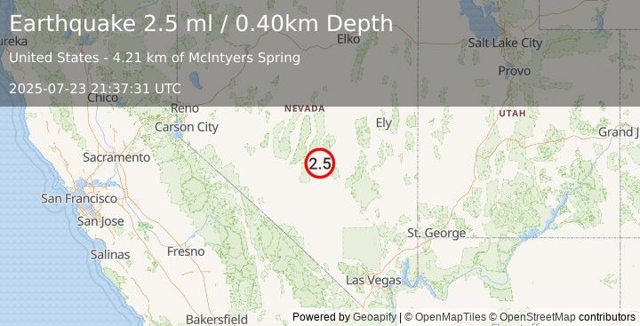 Earthquake 79 km NE of Tonopah, Nevada (2.4 ml) (2025-07-23 21:37:32 UTC)