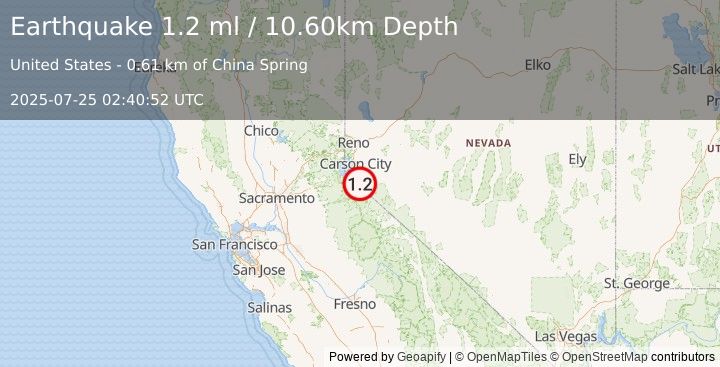 Earthquake 4 km SSW of Carter Springs, Nevada (1.2 ml) (2025-07-25 02:40:52 UTC)