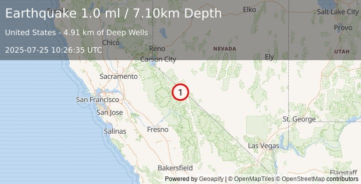 Earthquake 30 km ENE of Lee Vining, California (1.0 ml) (2025-07-25 10:26:35 UTC)