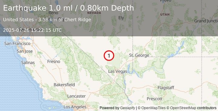 Earthquake 57 km N of Indian Springs, Nevada (1.0 ml) (2025-07-26 15:22:15 UTC)