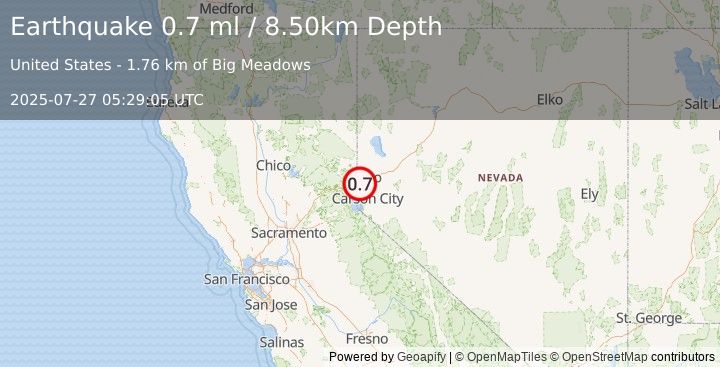 Earthquake 7 km ENE of Floriston, California (0.7 ml) (2025-07-27 05:29:05 UTC)