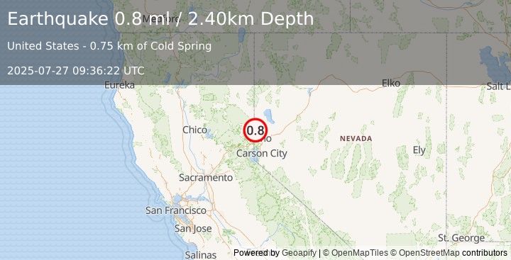 Earthquake 4 km NNE of Cold Springs, Nevada (0.8 ml) (2025-07-27 09:36:22 UTC)