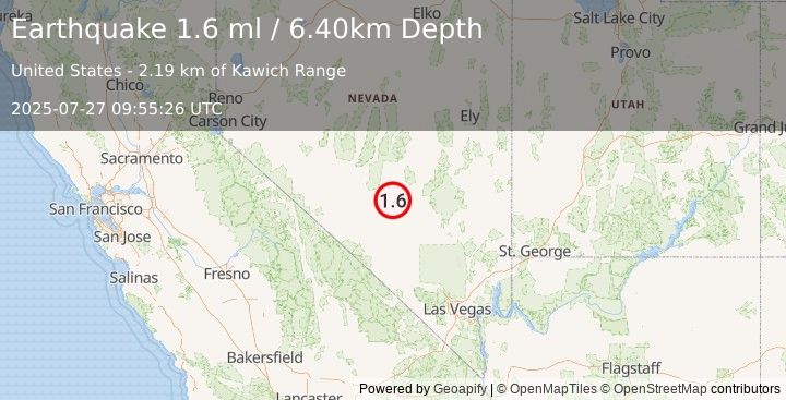 Earthquake 68 km WNW of Rachel, Nevada (1.6 ml) (2025-07-27 09:55:26 UTC)
