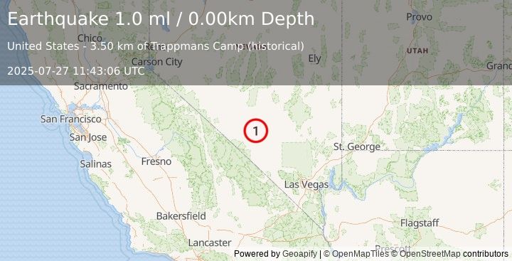 Earthquake 52 km ESE of Goldfield, Nevada (1.0 ml) (2025-07-27 11:43:06 UTC)