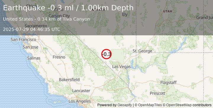 Earthquake 45 km E of Beatty, Nevada (-0.3 ml) (2025-07-29 04:46:35 UTC)