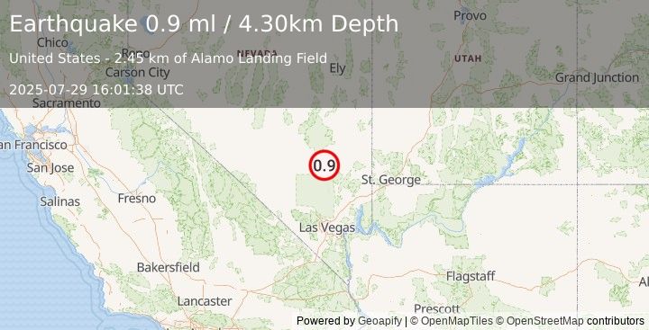 Earthquake 4 km WNW of Alamo, Nevada (0.9 ml) (2025-07-29 16:01:38 UTC)
