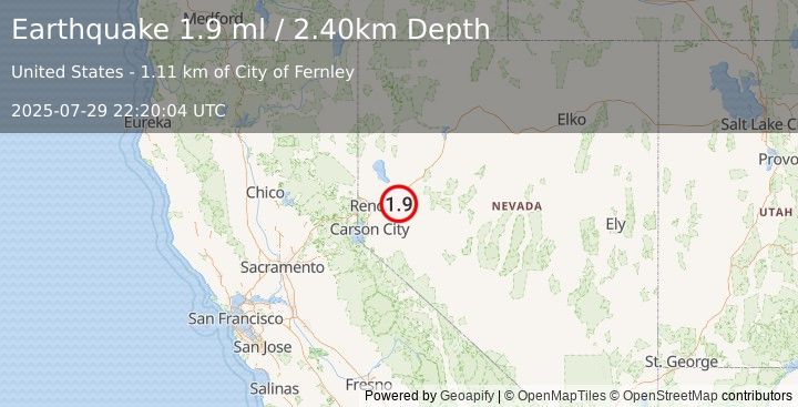 Earthquake 8 km SE of Fernley, Nevada (1.9 ml) (2025-07-29 22:20:04 UTC)
