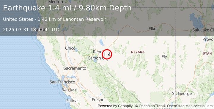 Earthquake 10 km SE of Silver Springs, Nevada (1.4 ml) (2025-07-31 18:44:41 UTC)