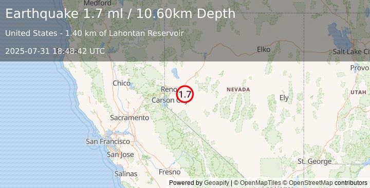 Earthquake 10 km SE of Silver Springs, Nevada (1.7 ml) (2025-07-31 18:48:42 UTC)