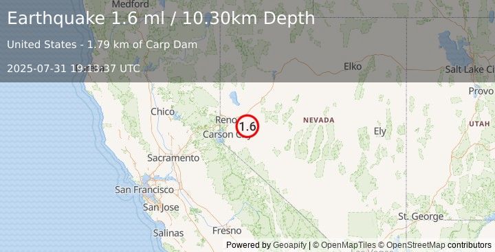 Earthquake 10 km ESE of Silver Springs, Nevada (1.6 ml) (2025-07-31 19:13:37 UTC)