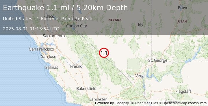 Earthquake 24 km S of Silver Peak, Nevada (1.1 ml) (2025-08-01 01:13:54 UTC)