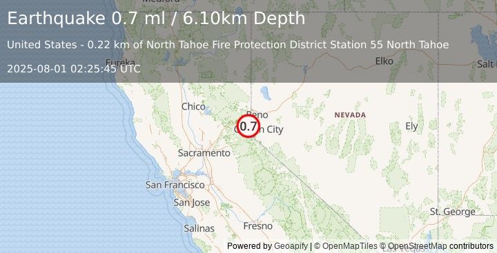 Earthquake 0 km NW of Carnelian Bay, California (0.7 ml) (2025-08-01 02:25:45 UTC)