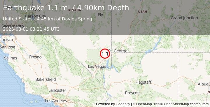 Earthquake 29 km N of Moapa Town, Nevada (1.1 ml) (2025-08-01 03:21:45 UTC)