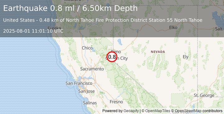 Earthquake 0 km W of Carnelian Bay, California (0.8 ml) (2025-08-01 11:01:10 UTC)