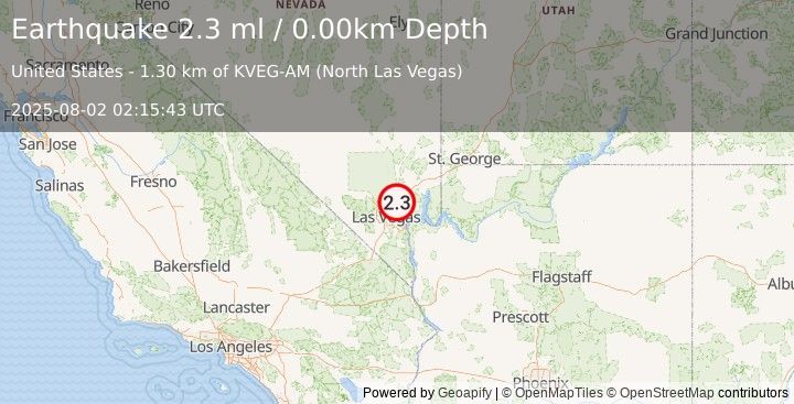 Earthquake 20 km NNE of Nellis Air Force Base, Nevada (2.3 ml) (2025-08-02 02:15:43 UTC)