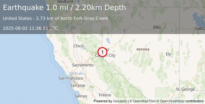 Earthquake 5 km SE of Floriston, California (1.0 ml) (2025-08-02 11:36:51 UTC)
