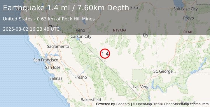 Earthquake 29 km SSE of Mina, Nevada (1.4 ml) (2025-08-02 16:23:48 UTC)