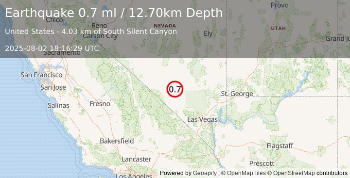 Earthquake 51 km NE of Beatty, Nevada (0.7 ml) (2025-08-02 18:16:29 UTC)