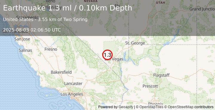 Earthquake 15 km N of Mount Charleston, Nevada (1.3 ml) (2025-08-03 02:06:50 UTC)