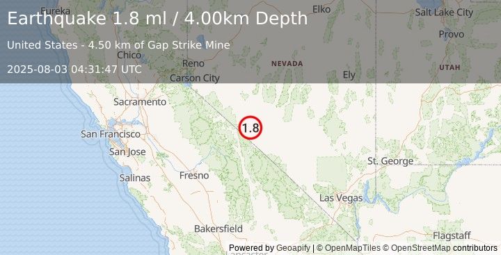 Earthquake 30 km N of Dyer, Nevada (1.8 ml) (2025-08-03 04:31:47 UTC)