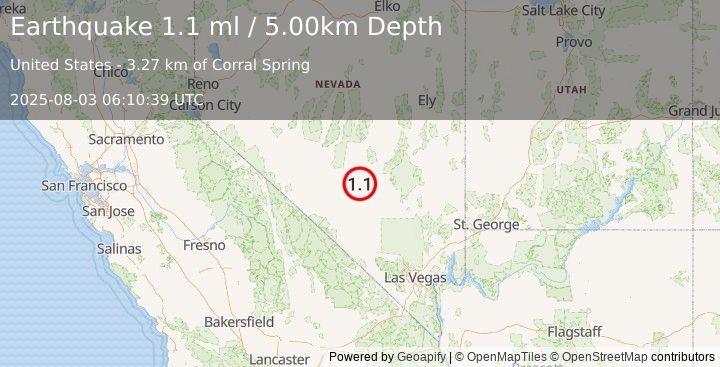 Earthquake 57 km WNW of Rachel, Nevada (1.1 ml) (2025-08-03 06:10:39 UTC)